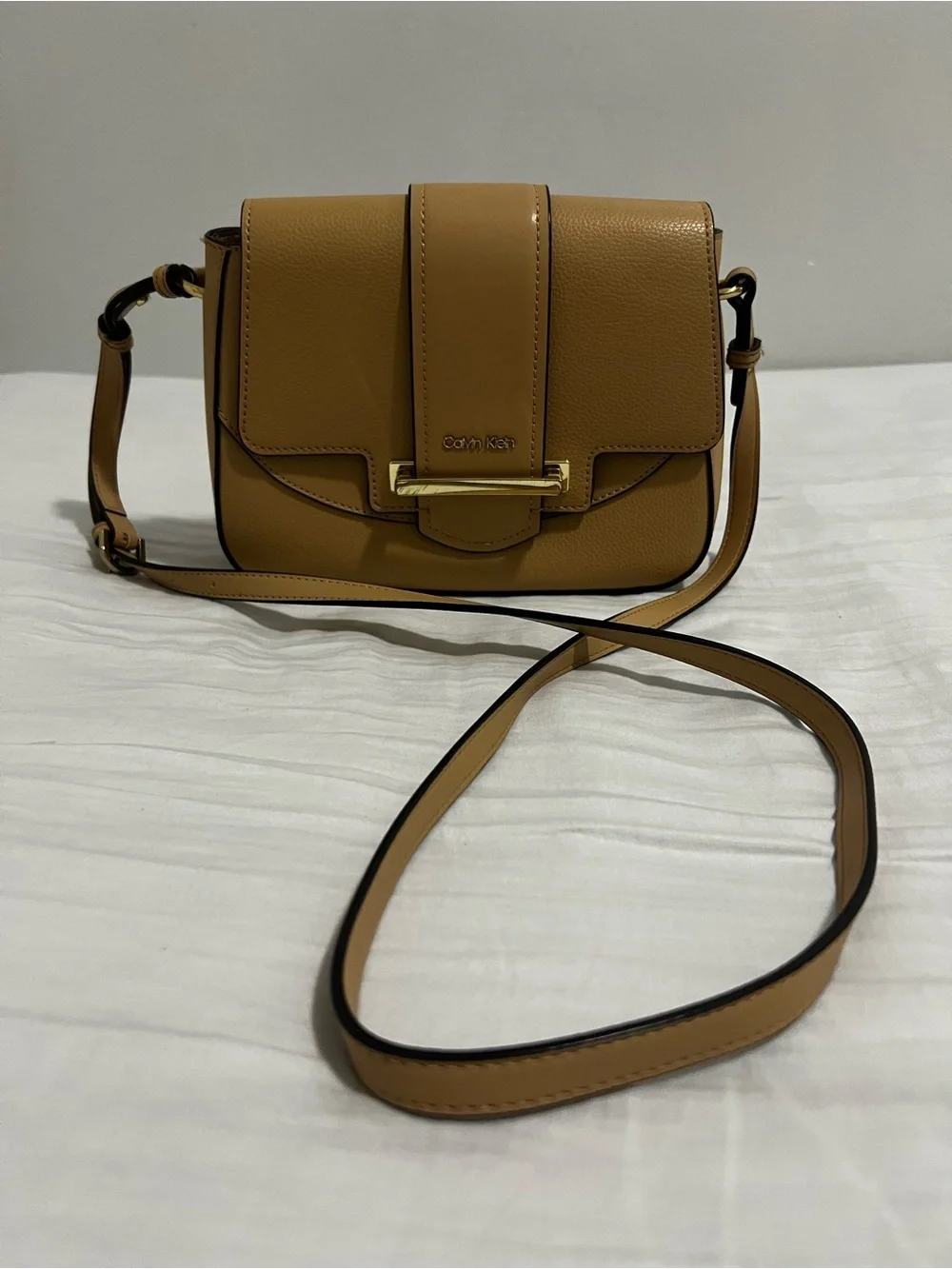 Calvin Klein Tan Faux Leather Crossbody with Gold Accent